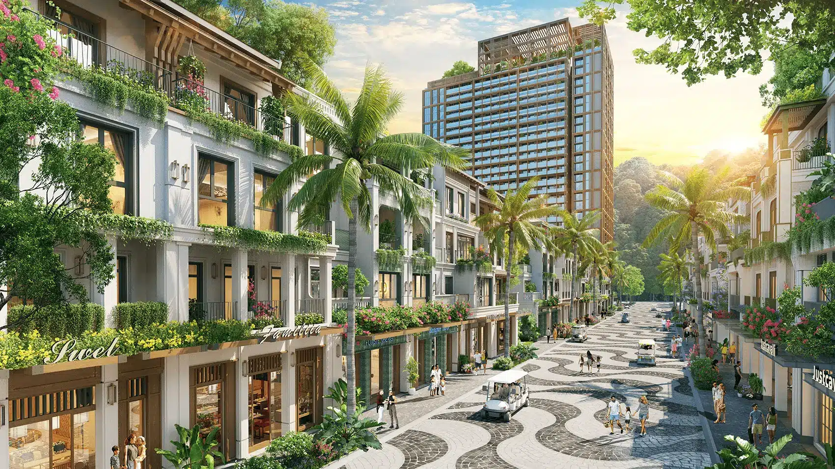 Phố đi bộ sôi động tại dự án Xanh Island Cát Bà, nơi hội tụ kiến trúc độc đáo và dịch vụ đẳng cấp.