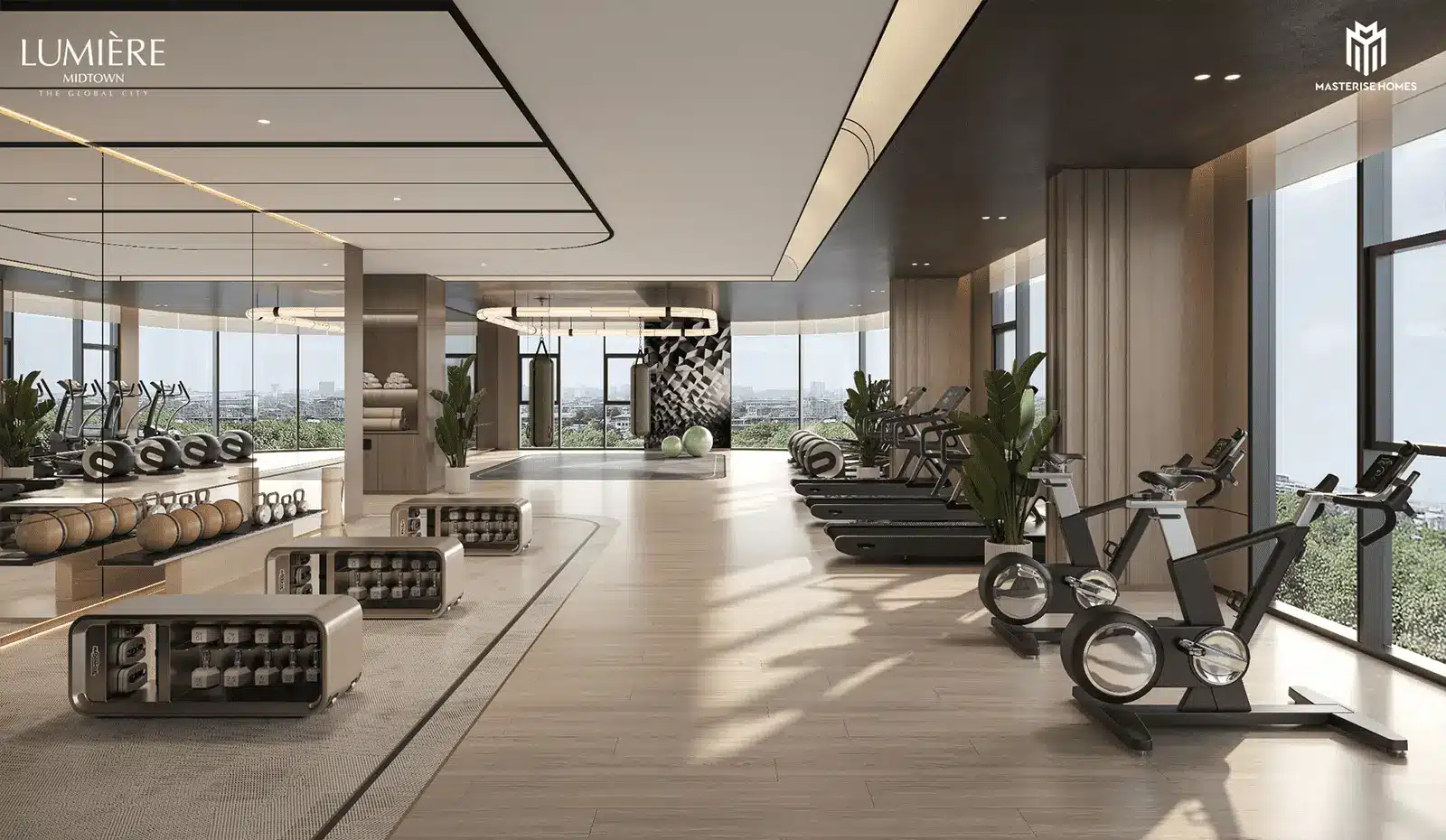 Phòng Gym hiện đại tại LUMIÈRE Midtown, nơi tận hưởng cuộc sống đẳng cấp và tiện nghi.