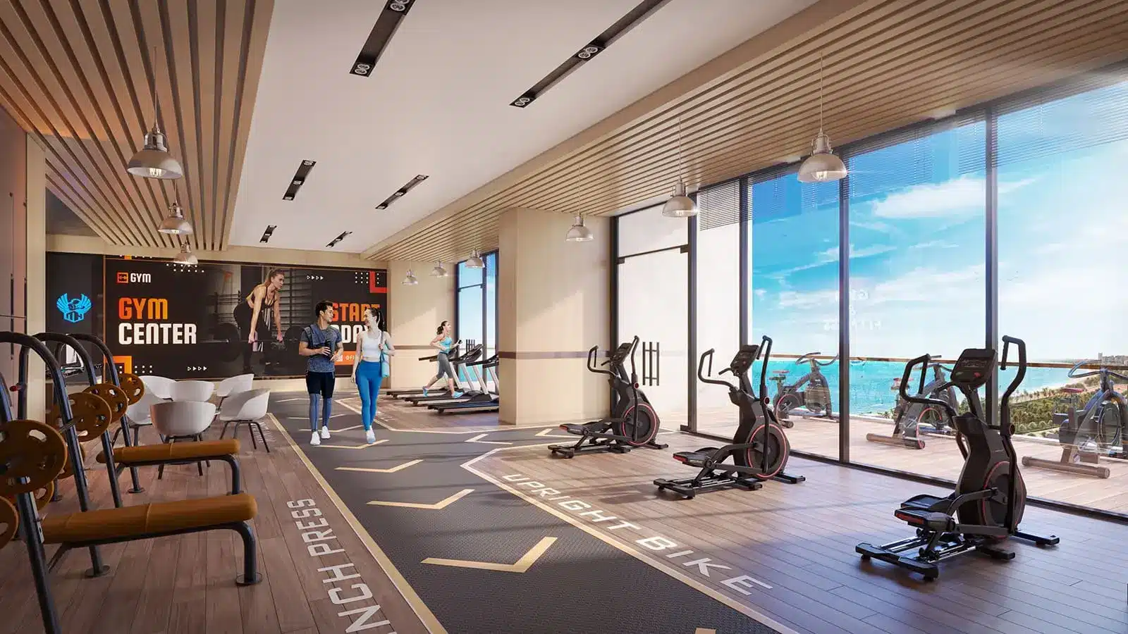 Phòng gym hiện đại tại Sun Costa Residences Đà Nẵng với tầm nhìn ra biển Mỹ Khê tuyệt đẹp.