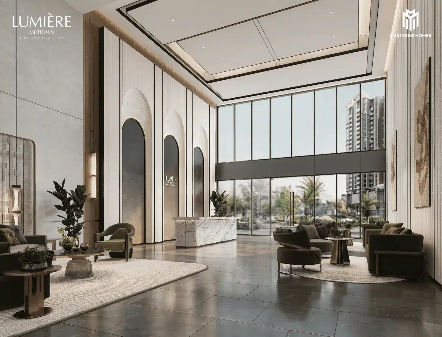 Sảnh đón khách sang trọng tại LUMIÈRE Midtown, nơi khẳng định phong cách sống tinh tế và đẳng cấp.