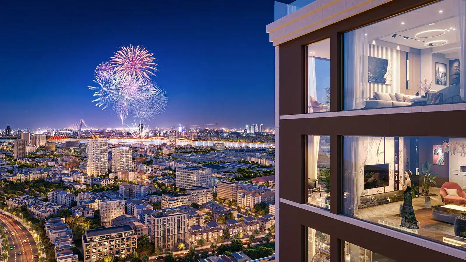 Tận hưởng pháo hoa lễ hội DIFF từ ban công Sun Costa Residences Đà Nẵng, điểm nhấn sang trọng giữa lòng thành phố.